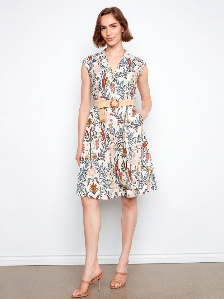 Bella Floral Print Cap Sleeve Belted Linen Dress