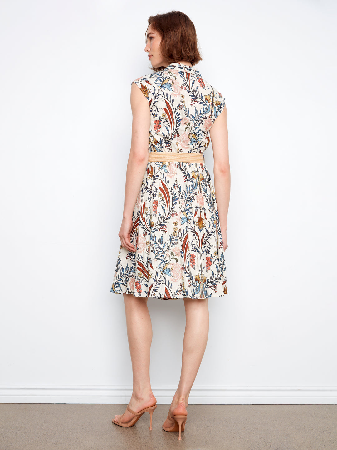 Bella Floral Print Cap Sleeve Belted Linen Dress
