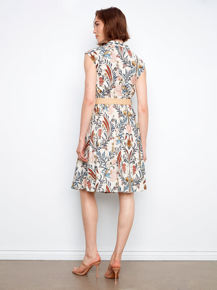 Bella Floral Print Cap Sleeve Belted Linen Dress