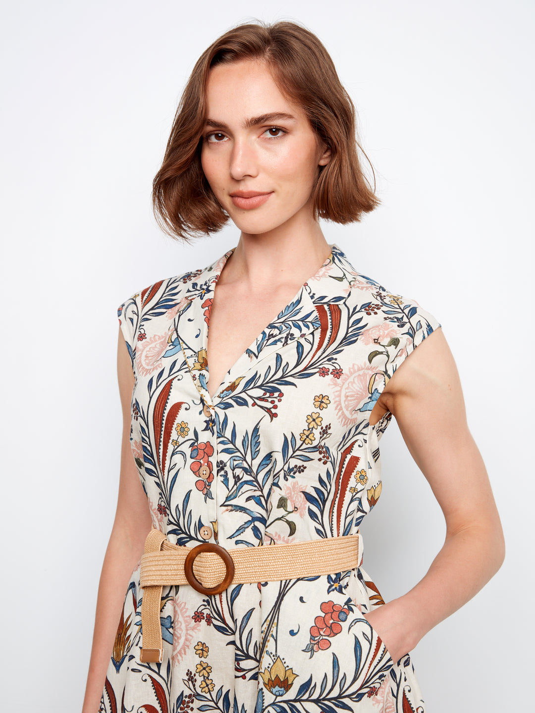 Bella Floral Print Cap Sleeve Belted Linen Dress