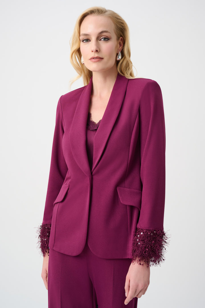 Berry Burst Scuba Crepe Fitted Blazer with Fringe Sleeves