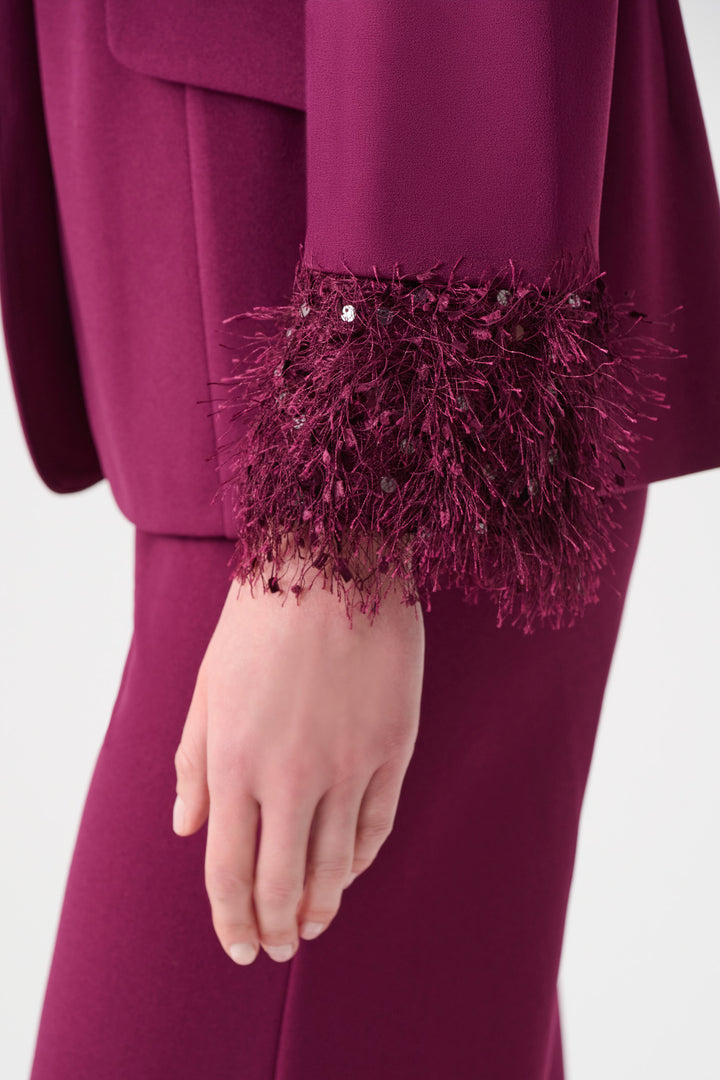 Berry Burst Scuba Crepe Fitted Blazer with Fringe Sleeves
