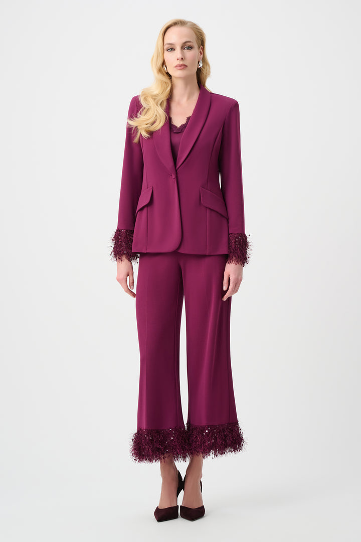 Berry Burst Scuba Crepe Fitted Blazer with Fringe Sleeves