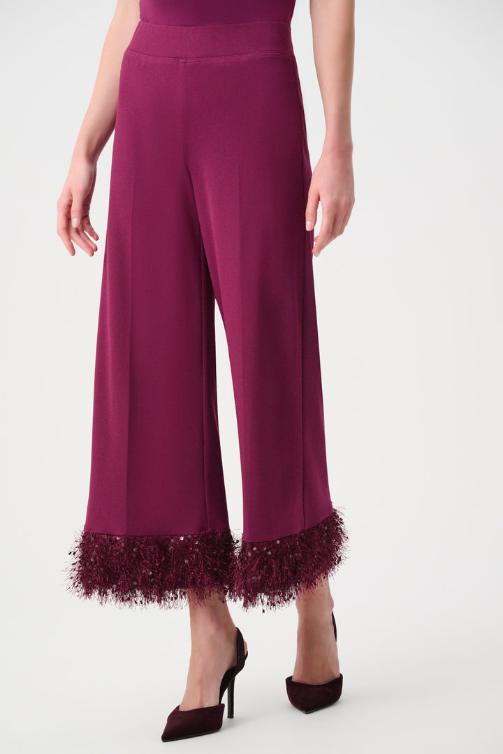 Berry Burst Scuba Crepe Wide-Leg Pants with Fringe Cuff