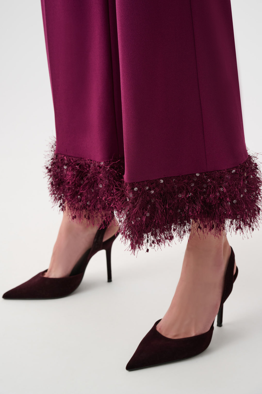 Berry Burst Scuba Crepe Wide-Leg Pants with Fringe Cuff