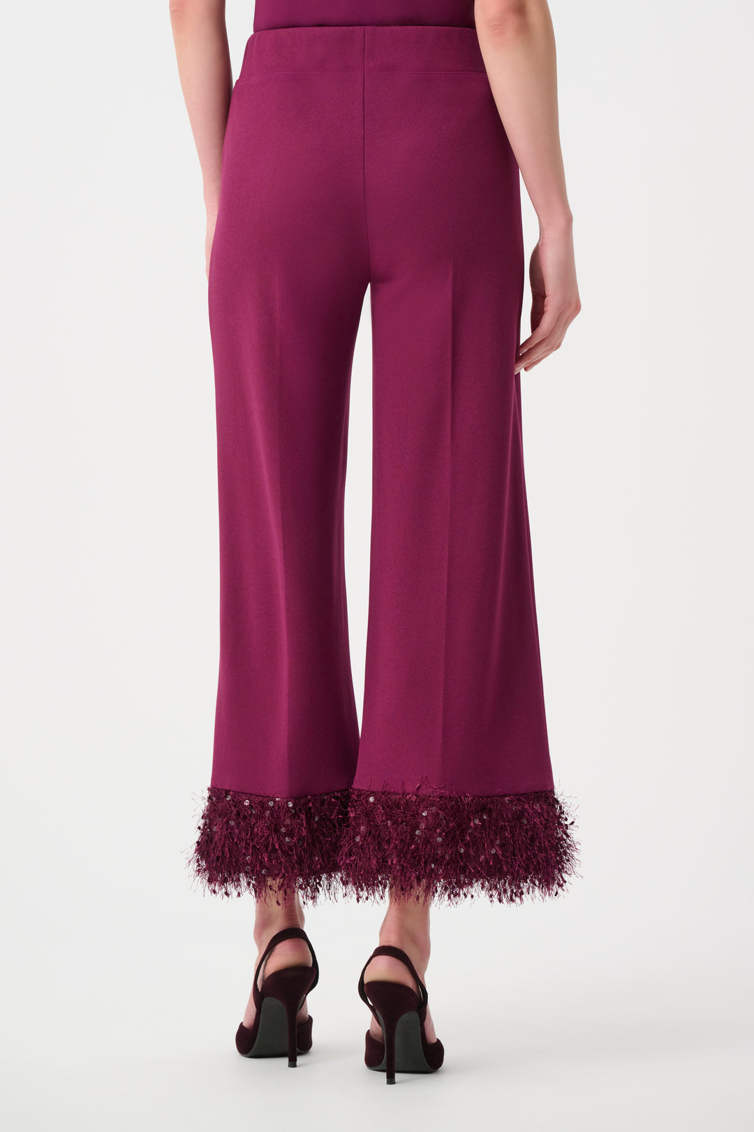 Berry Burst Scuba Crepe Wide-Leg Pants with Fringe Cuff