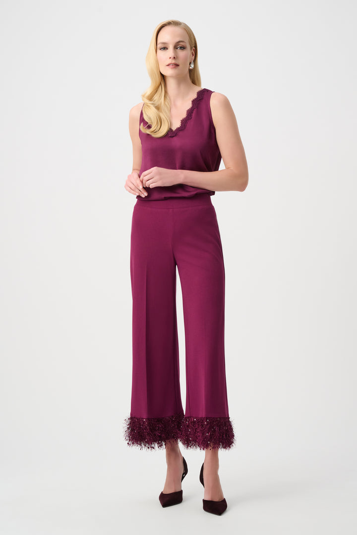 Berry Burst Scuba Crepe Wide-Leg Pants with Fringe Cuff