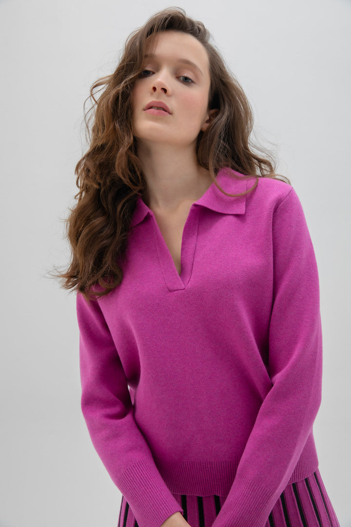 Berry Collared Notch Neck Sweater