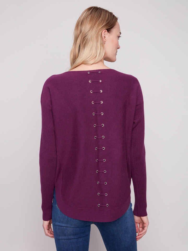 Berry Lace-Up Back Plushy Knit Sweater