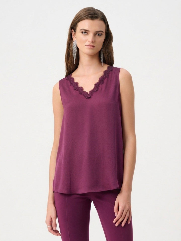 Berry Lace Trim Satin V-Neck Top