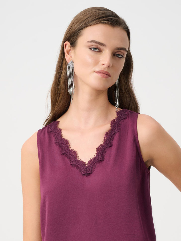 Berry Lace Trim Satin V-Neck Top