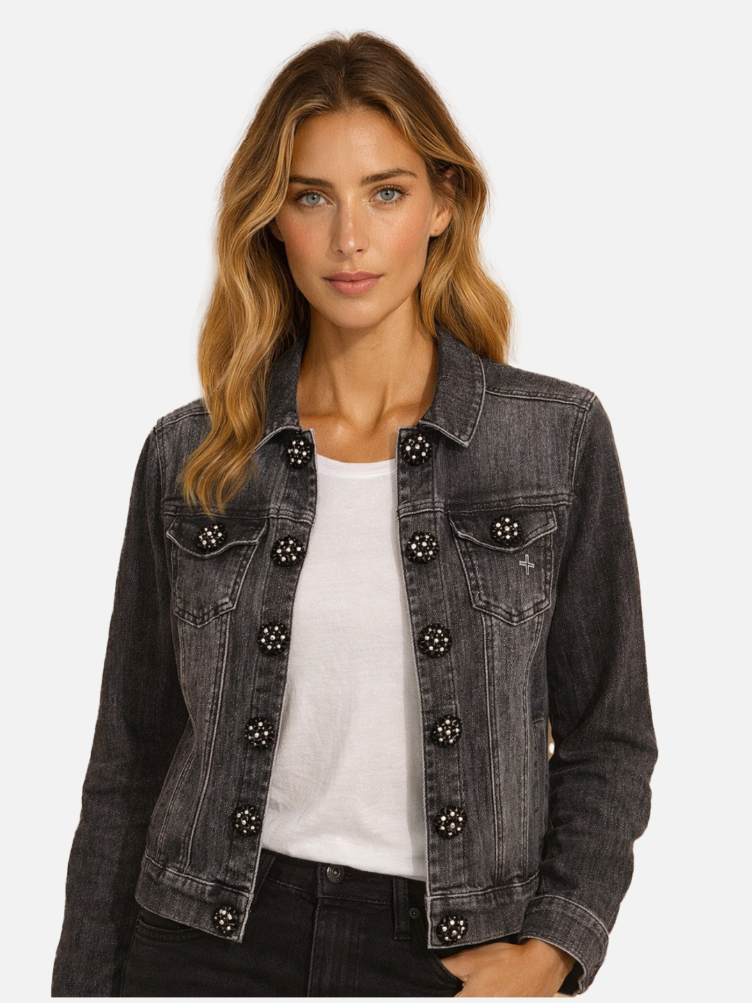 Big Jewel Button Black Jean Jacket