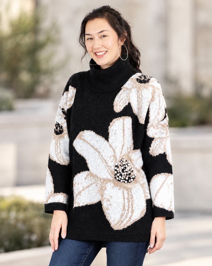 Big Jewelled Flower Cocoon Sweater