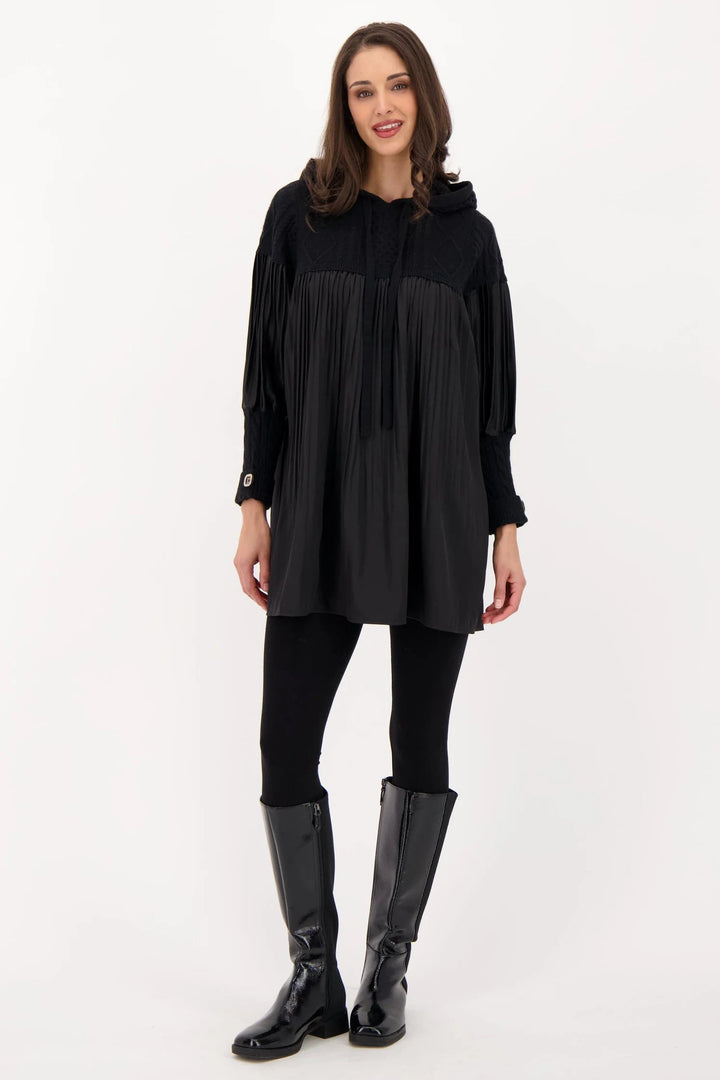 Black Accordion Pleat Cable Knit Hooded Tunic