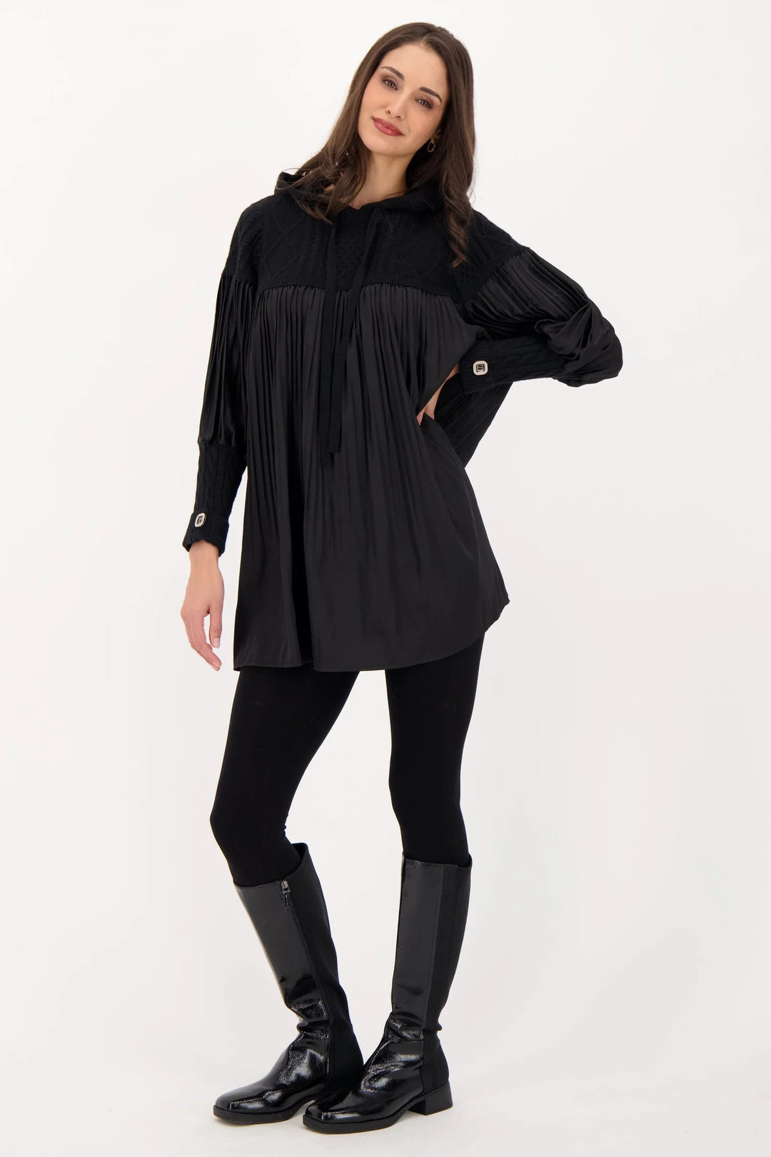 Black Accordion Pleat Cable Knit Hooded Tunic