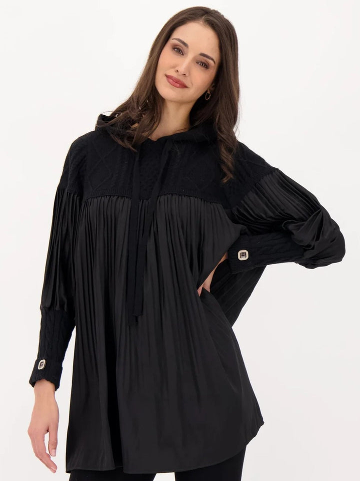 Black Accordion Pleat Cable Knit Hooded Tunic