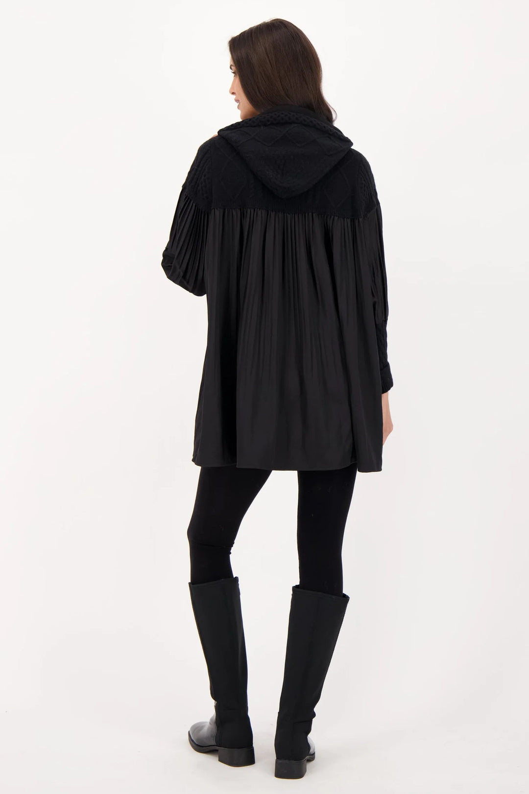 Black Accordion Pleat Cable Knit Hooded Tunic