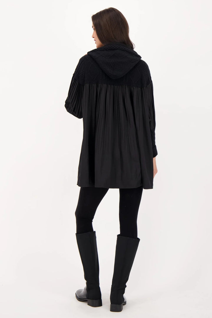Black Accordion Pleat Cable Knit Hooded Tunic