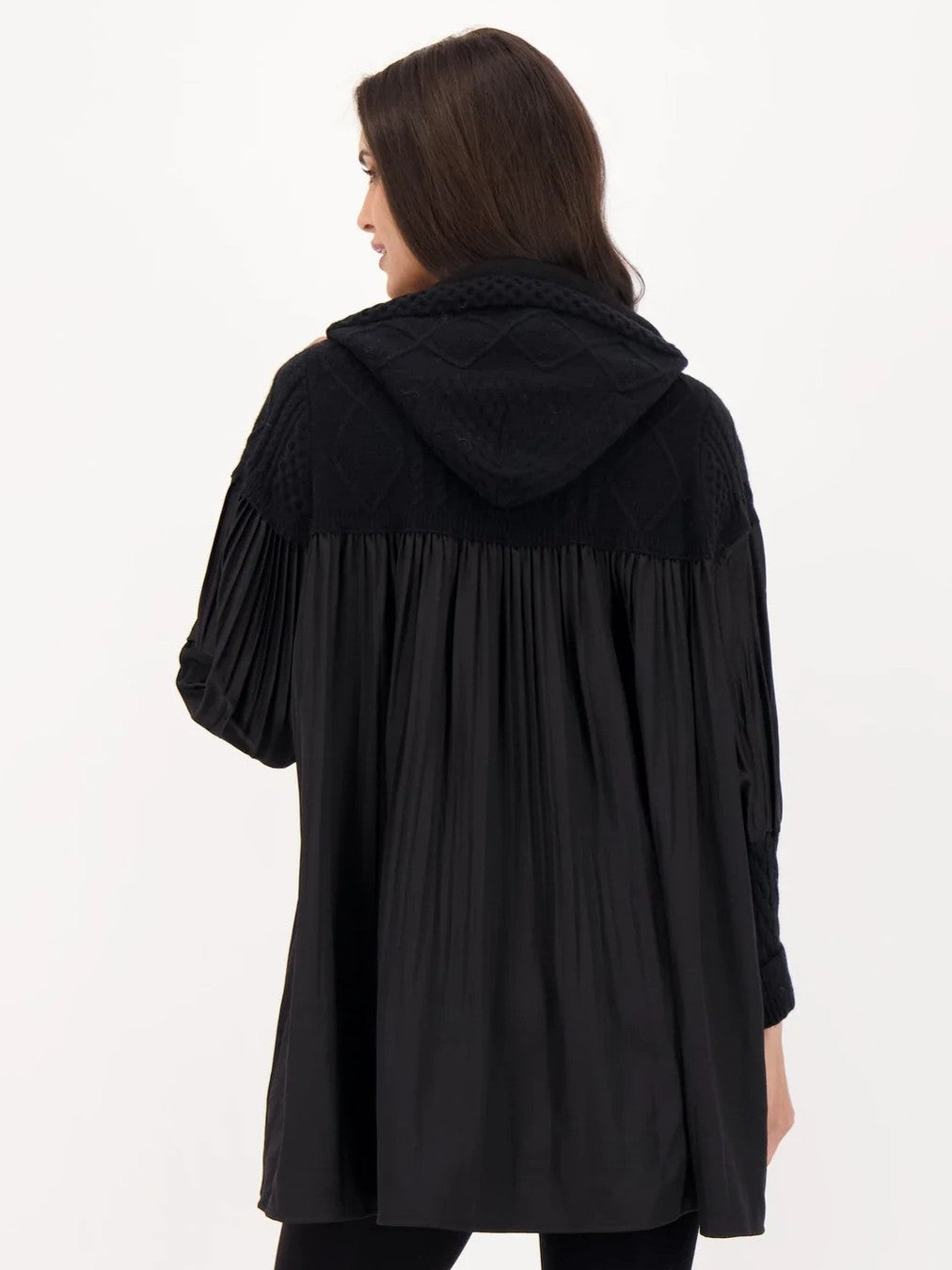 Black Accordion Pleat Cable Knit Hooded Tunic