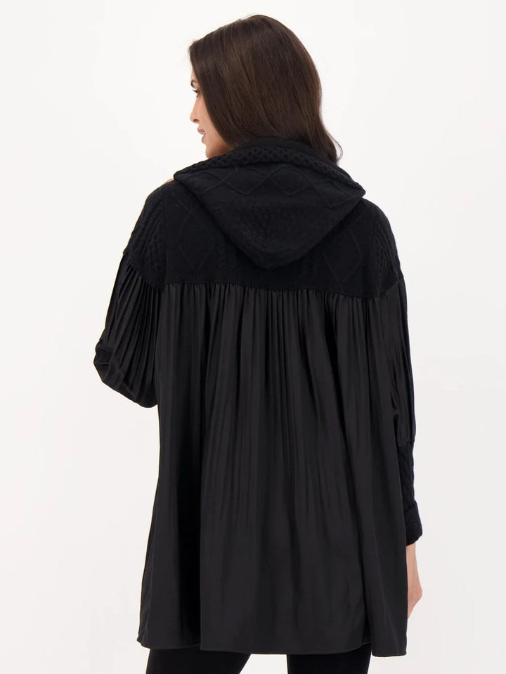 Black Accordion Pleat Cable Knit Hooded Tunic