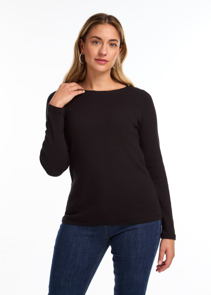 Black Baby Rib Crew Neck Top