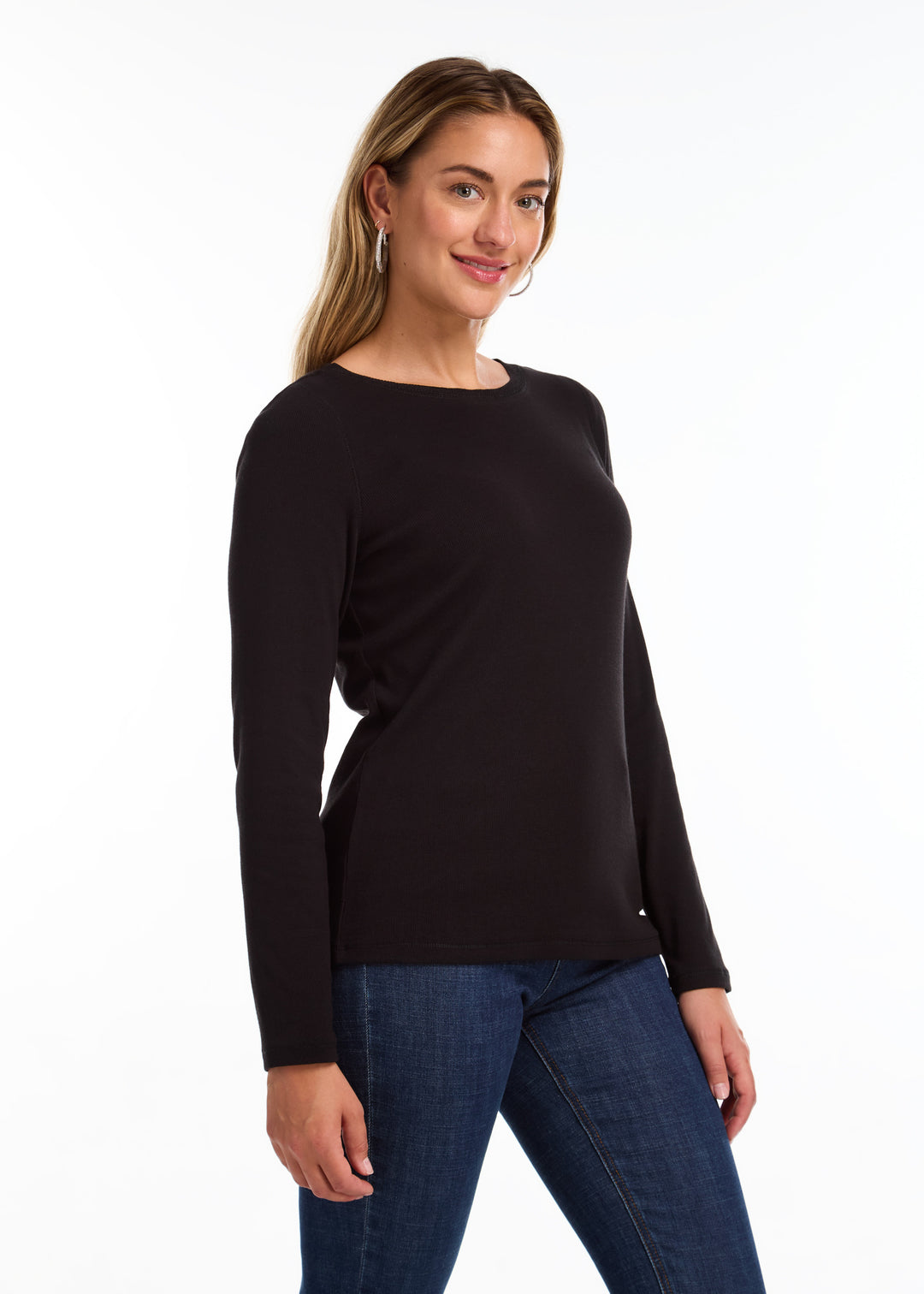 Black Baby Rib Crew Neck Top