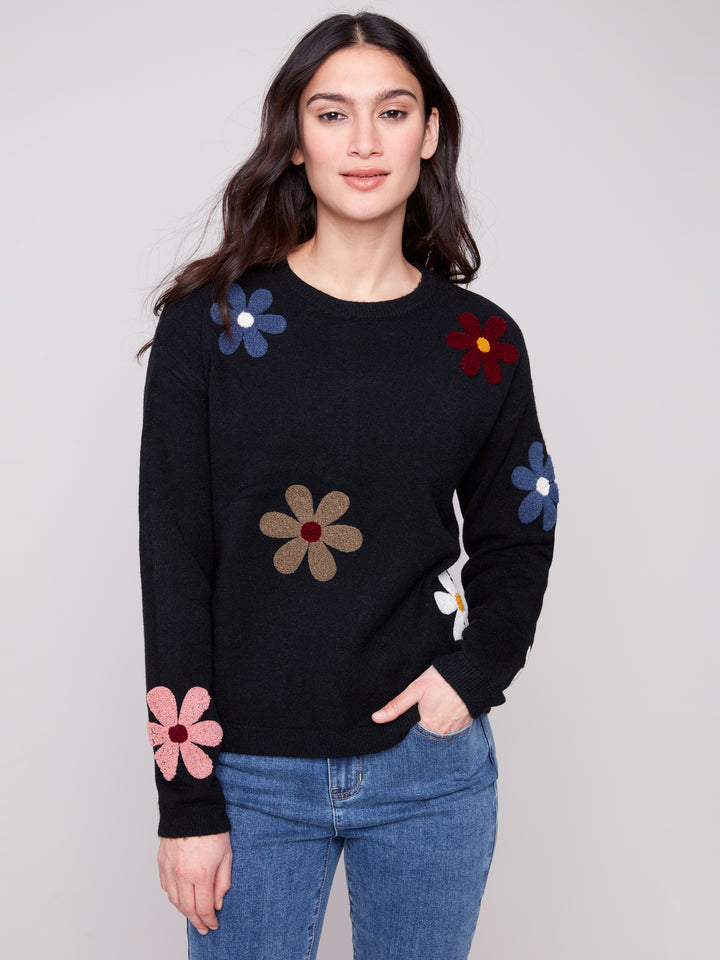 Black Boucle Flowers Plush Knit Sweater