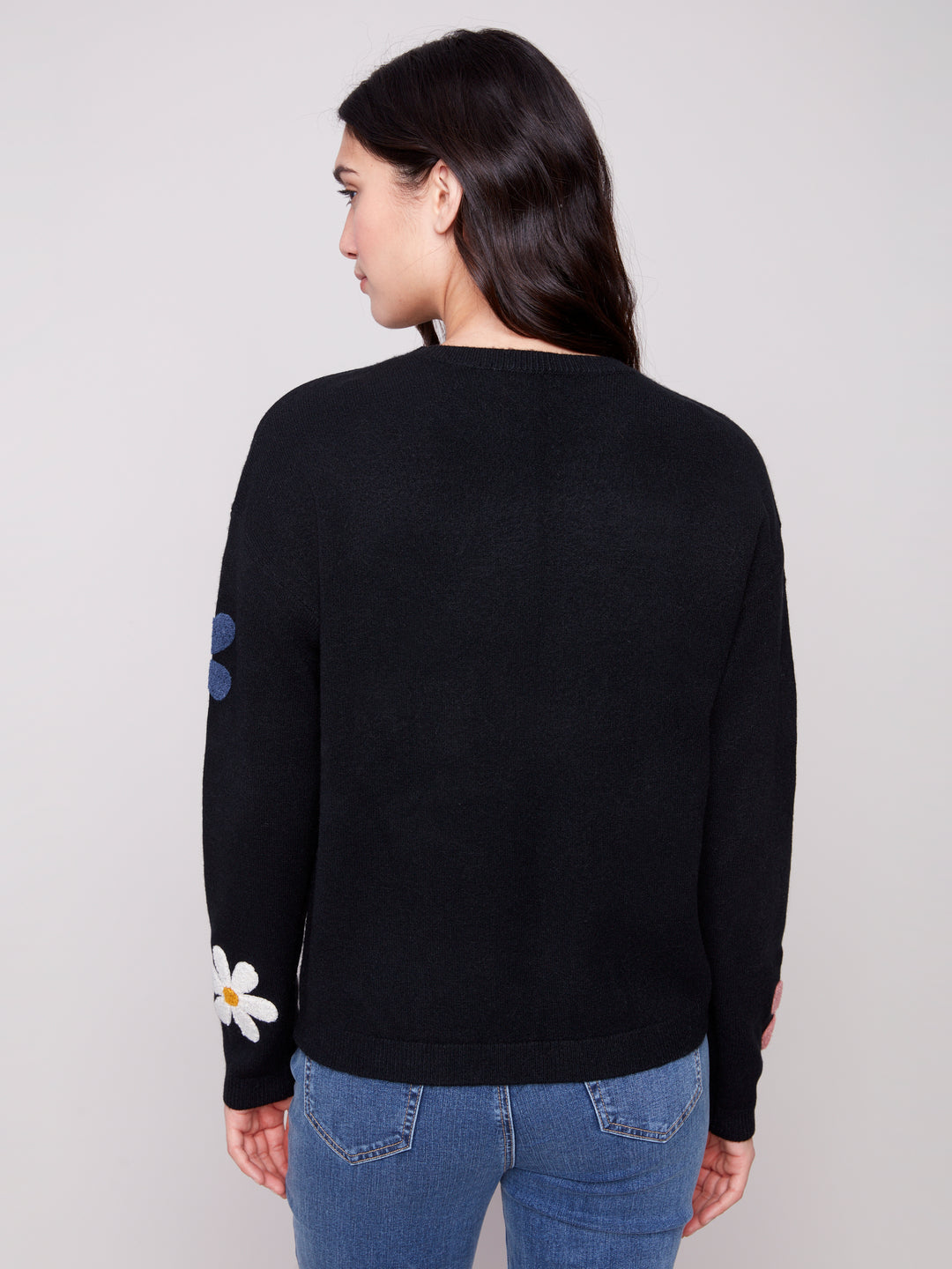 Black Boucle Flowers Plush Knit Sweater