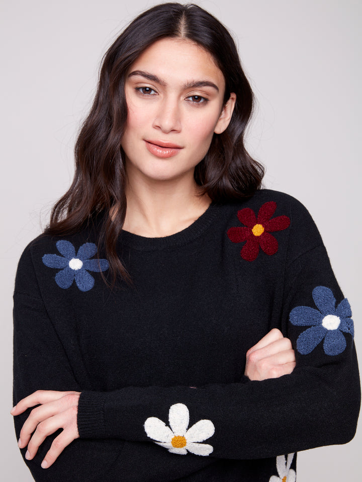 Black Boucle Flowers Plush Knit Sweater