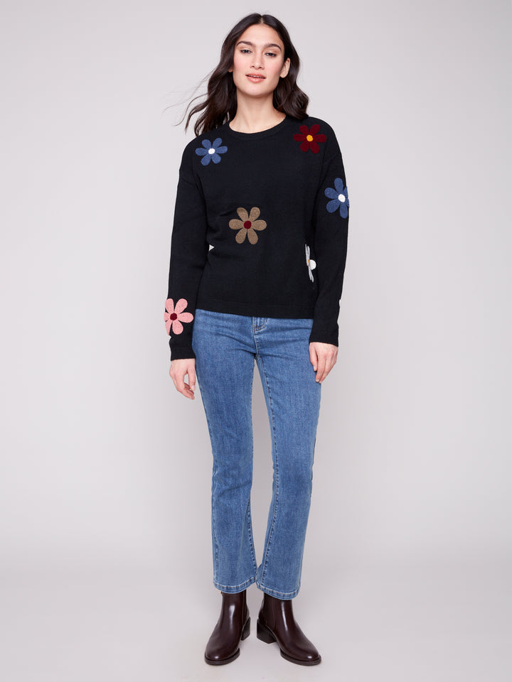 Black Boucle Flowers Plush Knit Sweater
