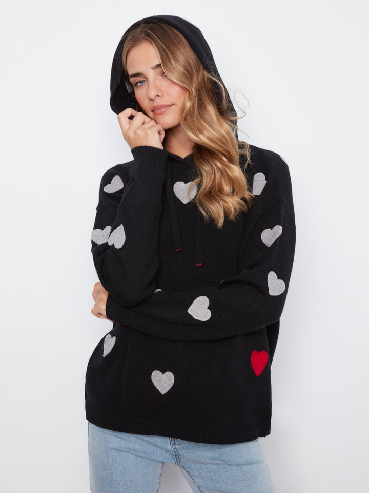 Black Boucle Hearts Hooded Plush Sweater