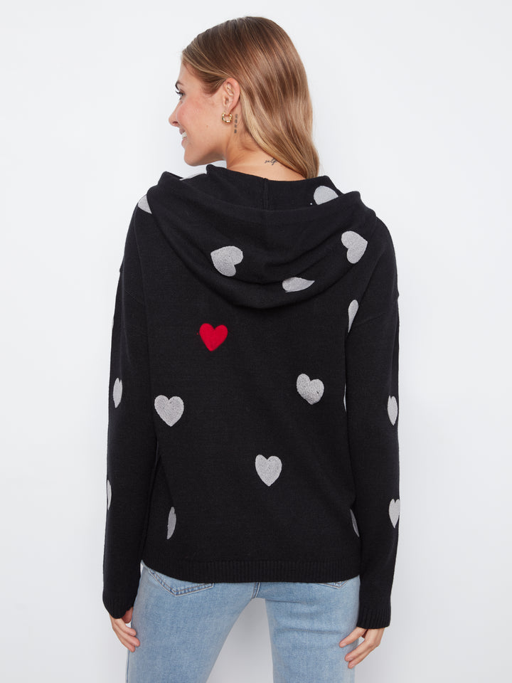 Black Boucle Hearts Hooded Plush Sweater