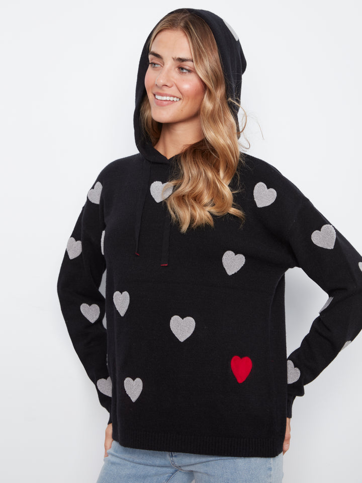 Black Boucle Hearts Hooded Plush Sweater