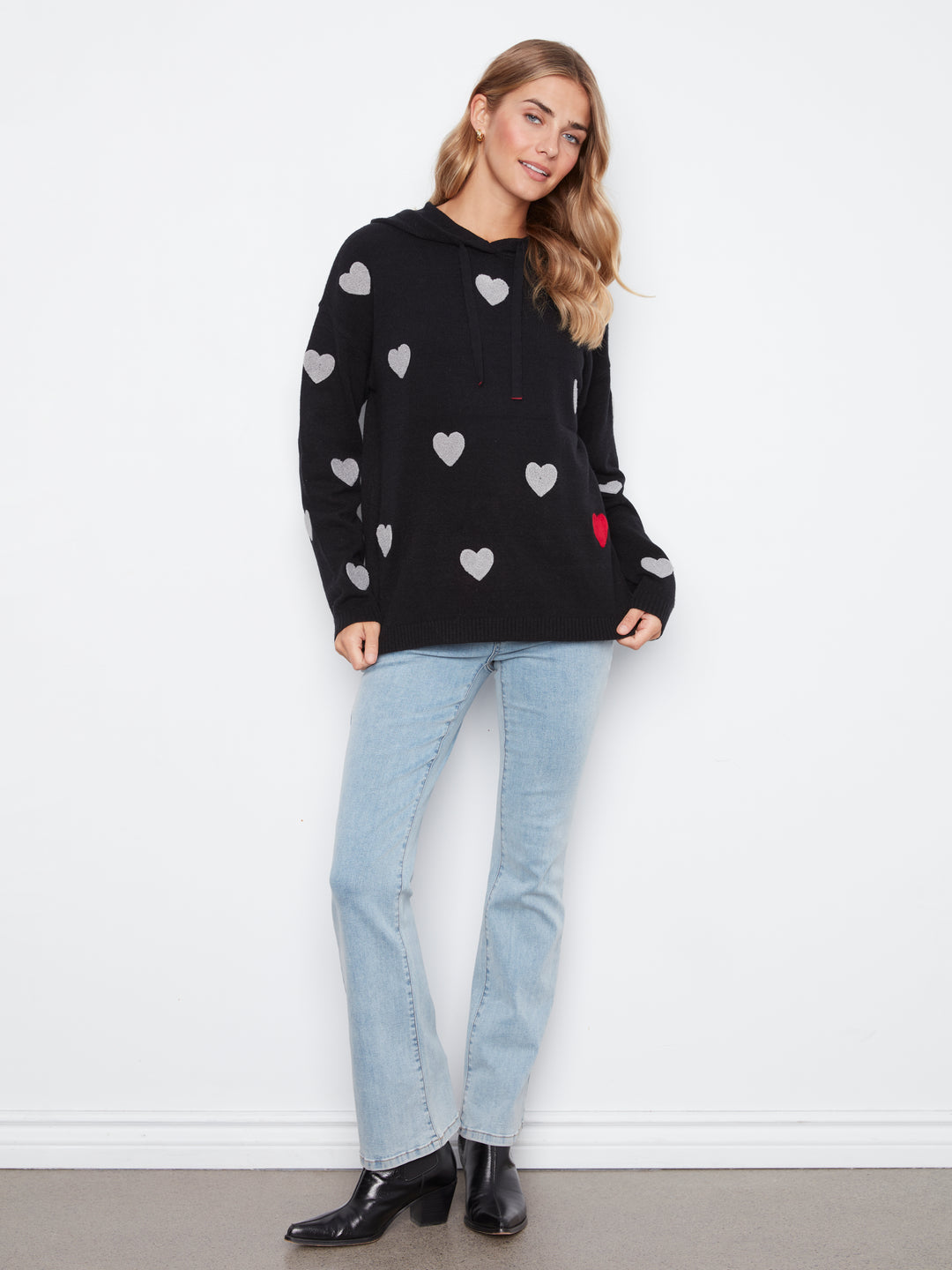 Black Boucle Hearts Hooded Plush Sweater