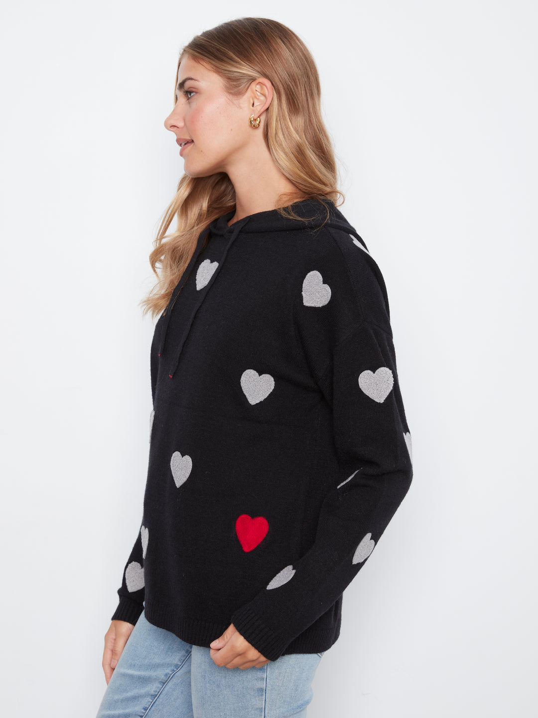 Black Boucle Hearts Hooded Plush Sweater