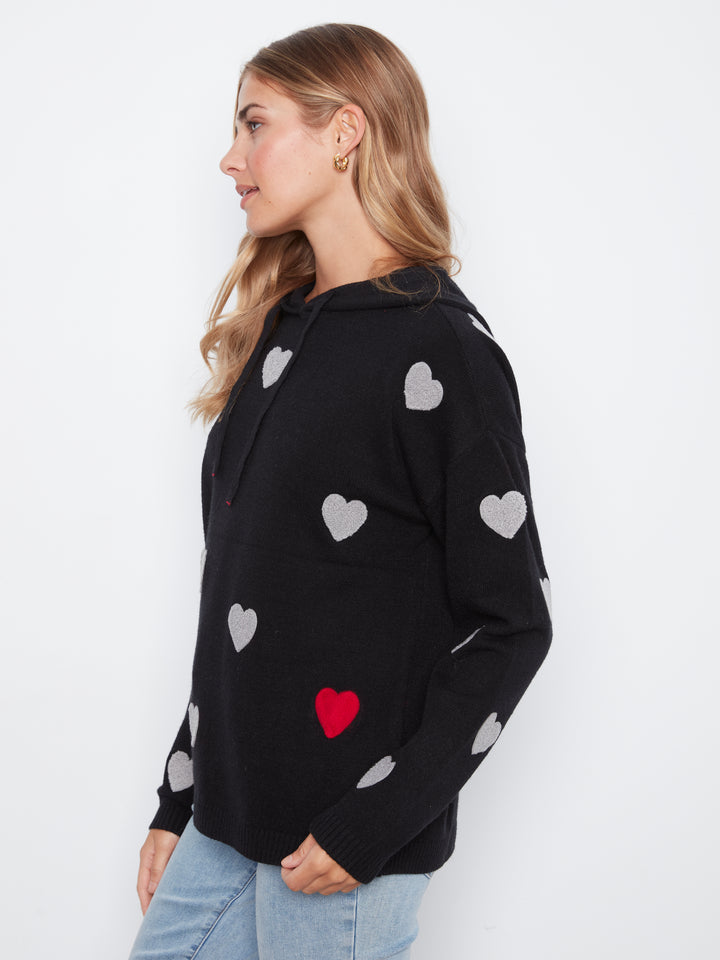 Black Boucle Hearts Hooded Plush Sweater