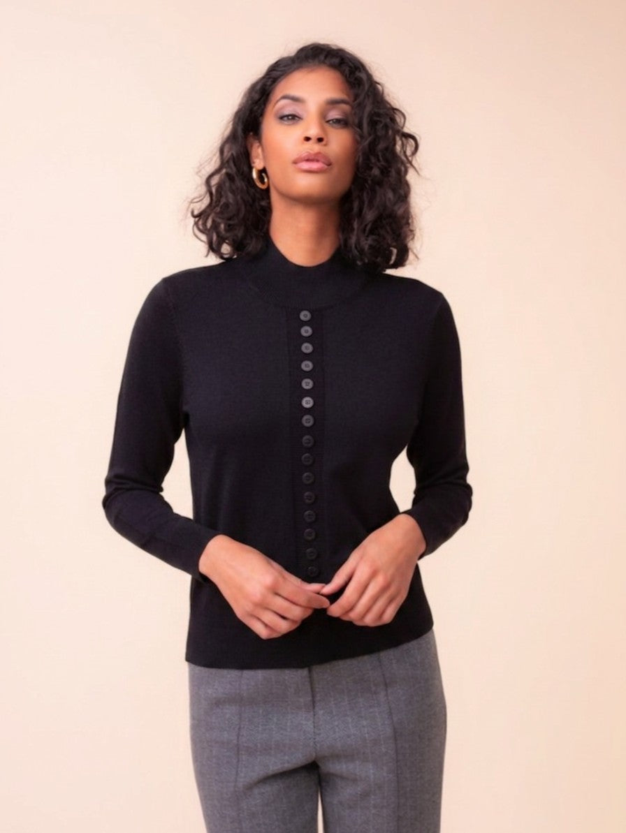 Black Button Detail Mock Neck Sweater