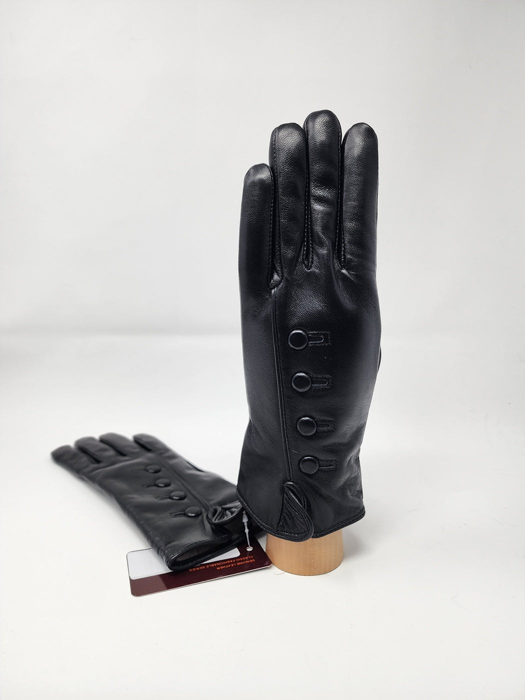 Black Button Leather Gloves