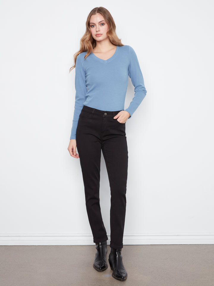 Black Cuffed Hem Twill Pant
