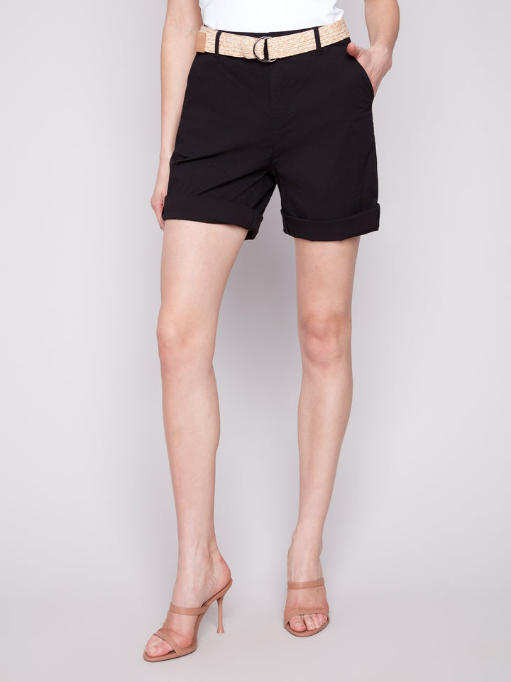 Black Cuffed Shorts With Belt