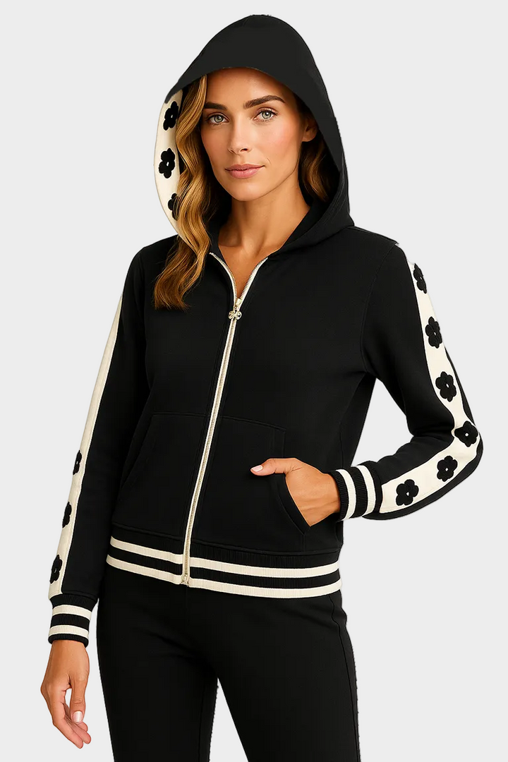 Black Daisy Applique Zip Up Hoodie