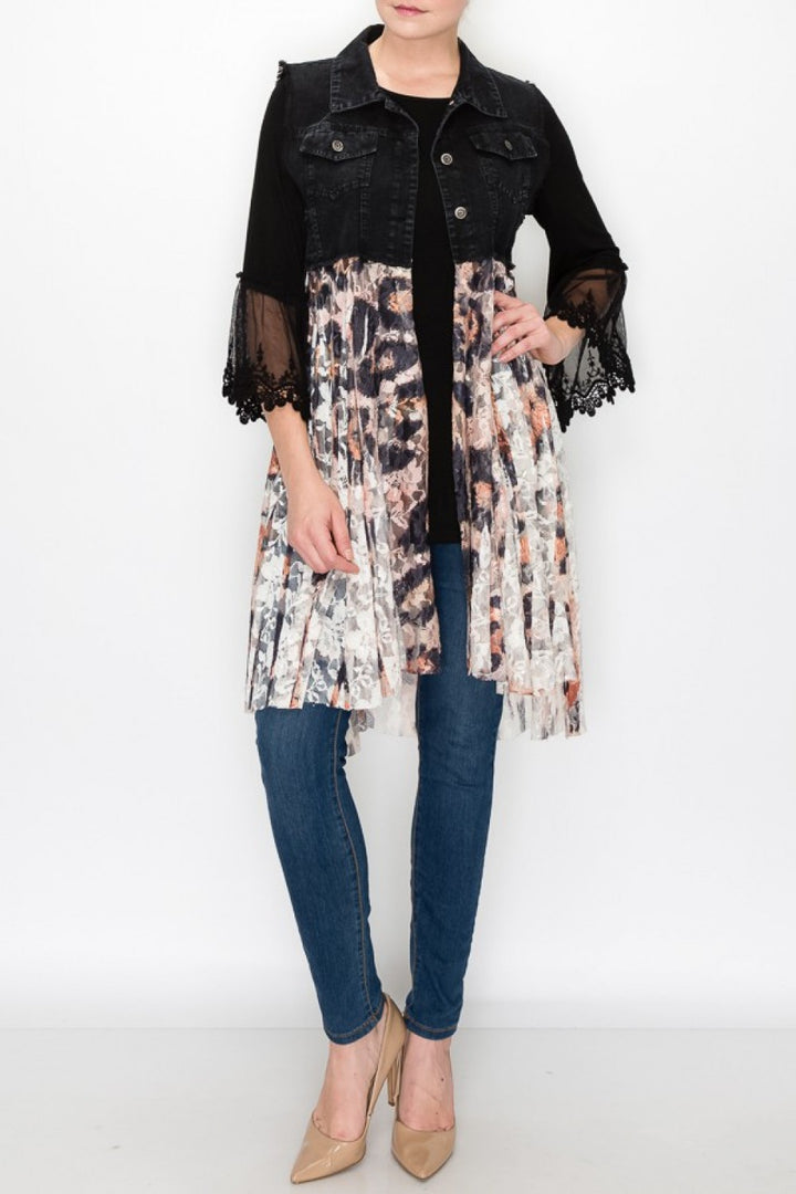 Black Denim Vest with Leopard Print Lace Bottom