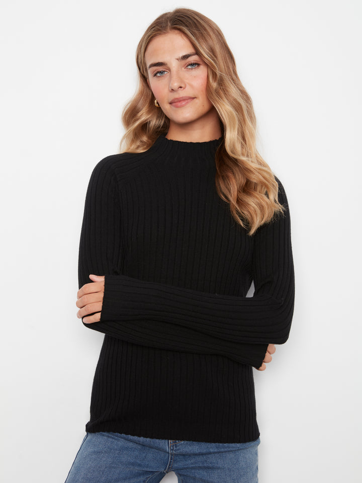 Black Essential Mock Neck Ribbed Sweater