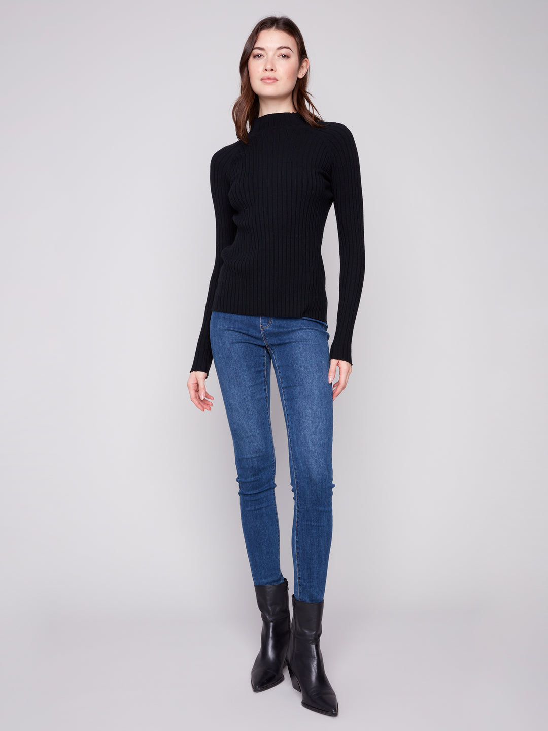 Black Essential Mock Neck Ribbed Sweater