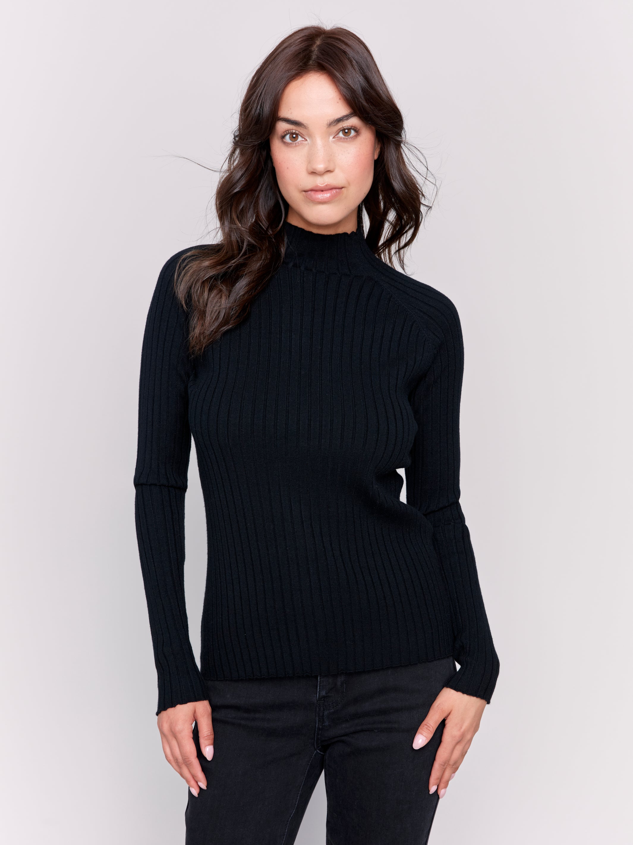 Ribbed Knit Mock Neck Sweater Black