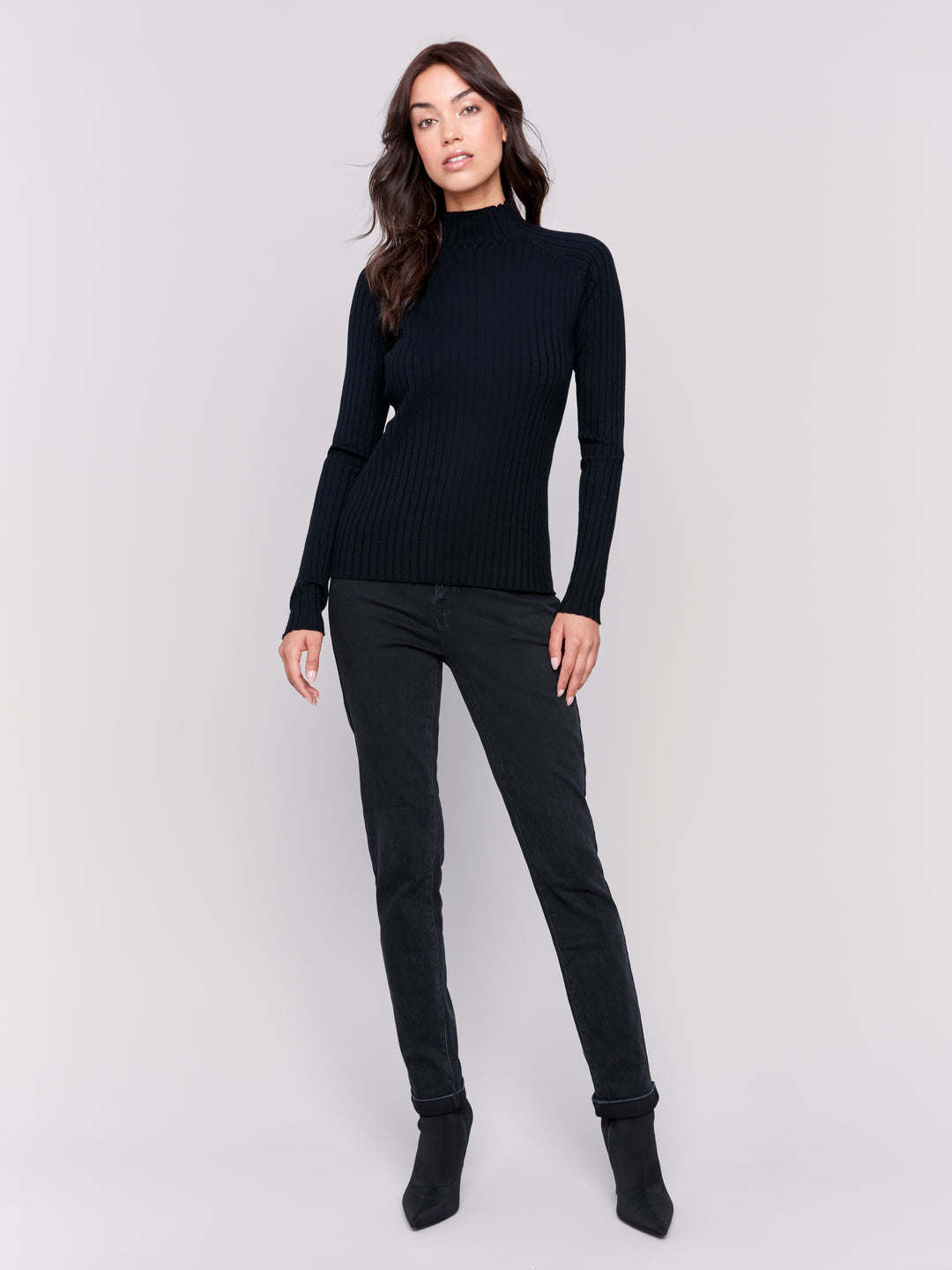 Black Essential Mock Neck Ribbed Sweater