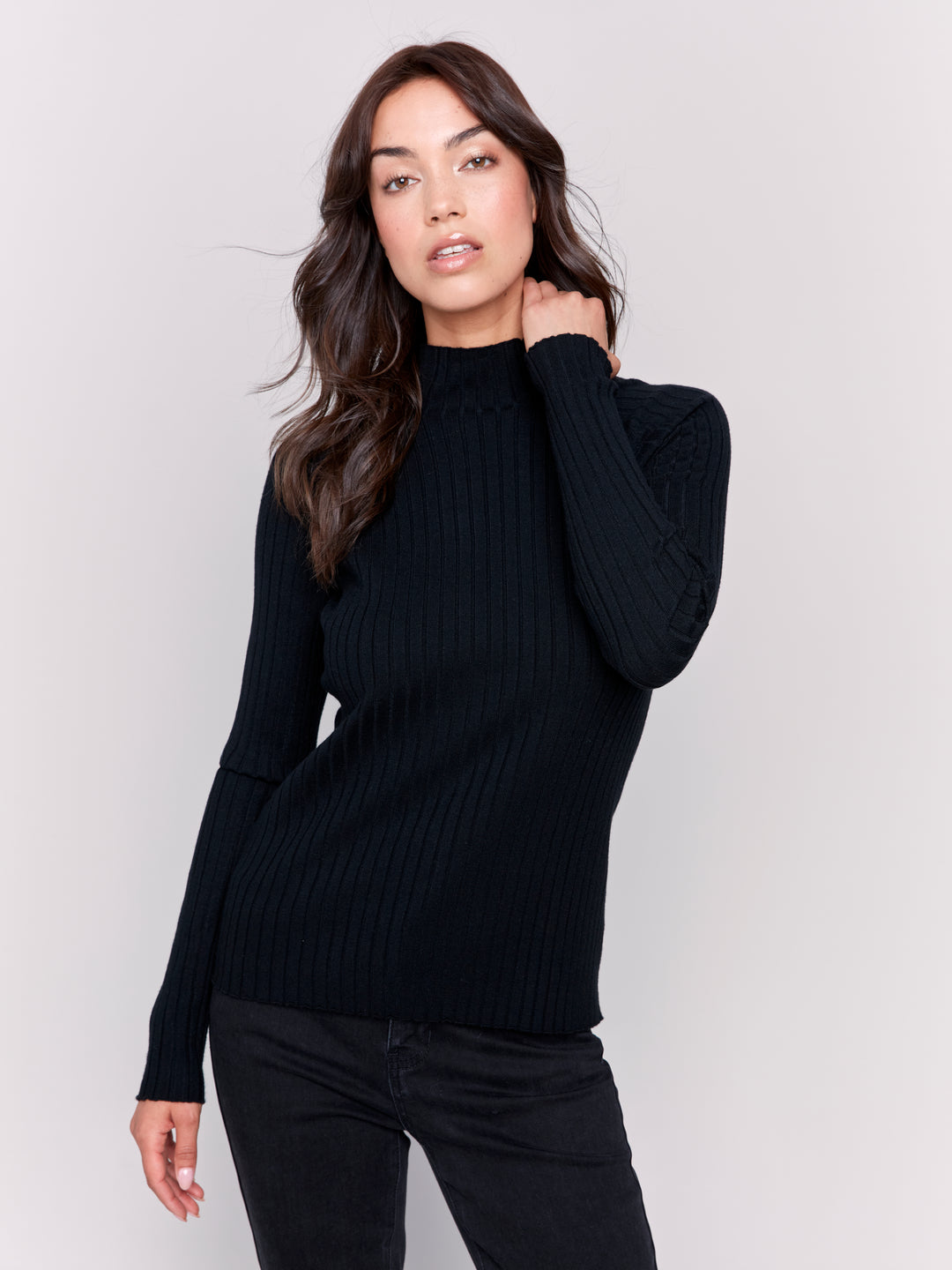 Black Essential Mock Neck Ribbed Sweater