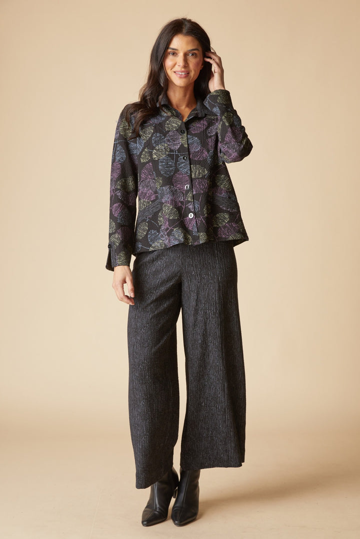 Black Falling Leaves Crinkle Crepe Jacket