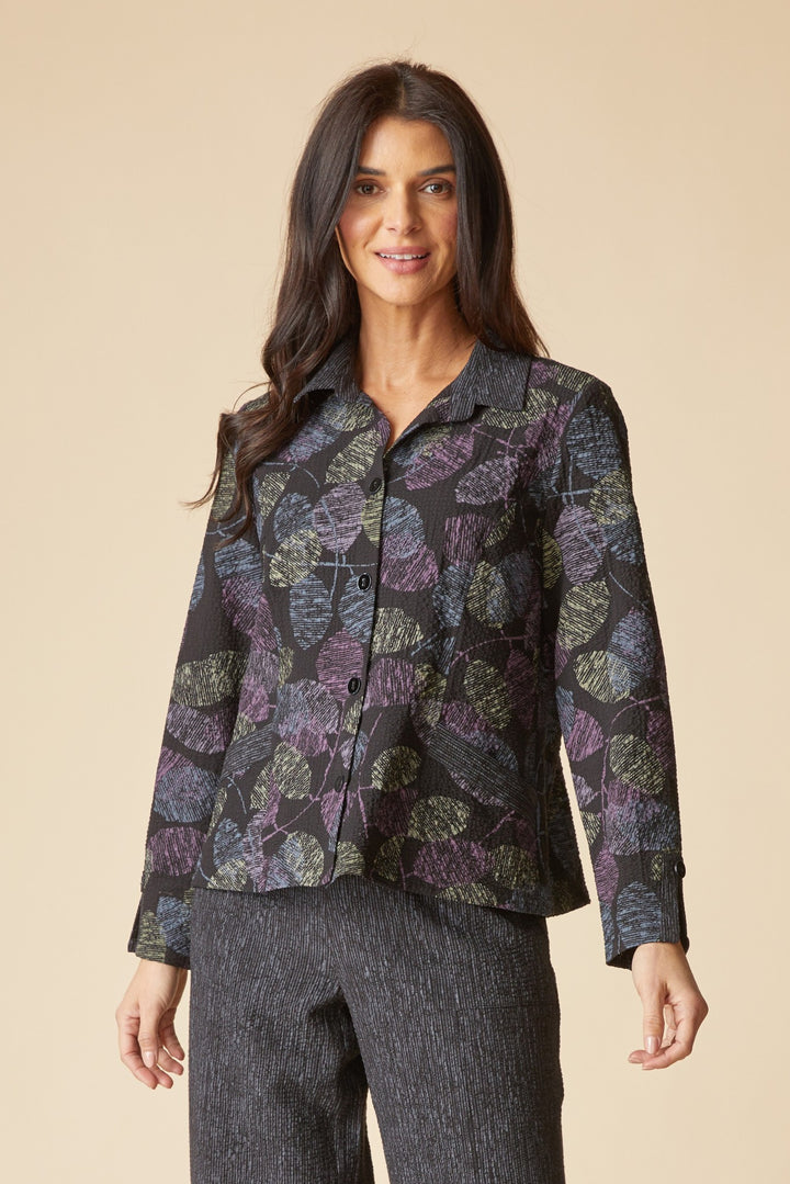 Black Falling Leaves Crinkle Crepe Jacket