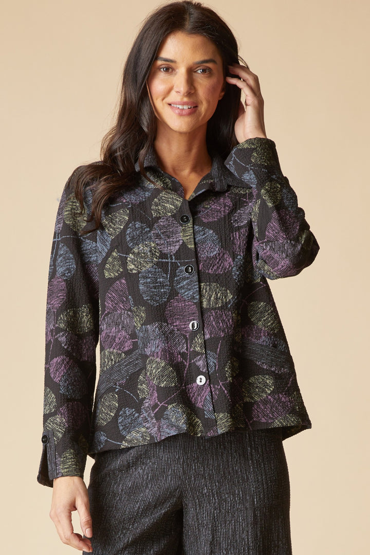 Black Falling Leaves Crinkle Crepe Jacket